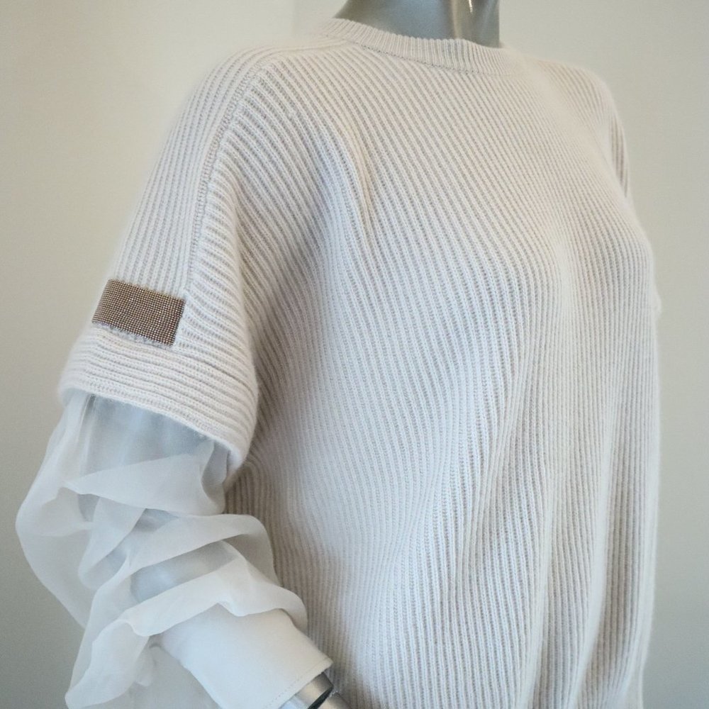 Brunello Cucinelli Cashmere Sweater Monili Beige Shear Sleeves Size X-Large New - Picture 4 of 10